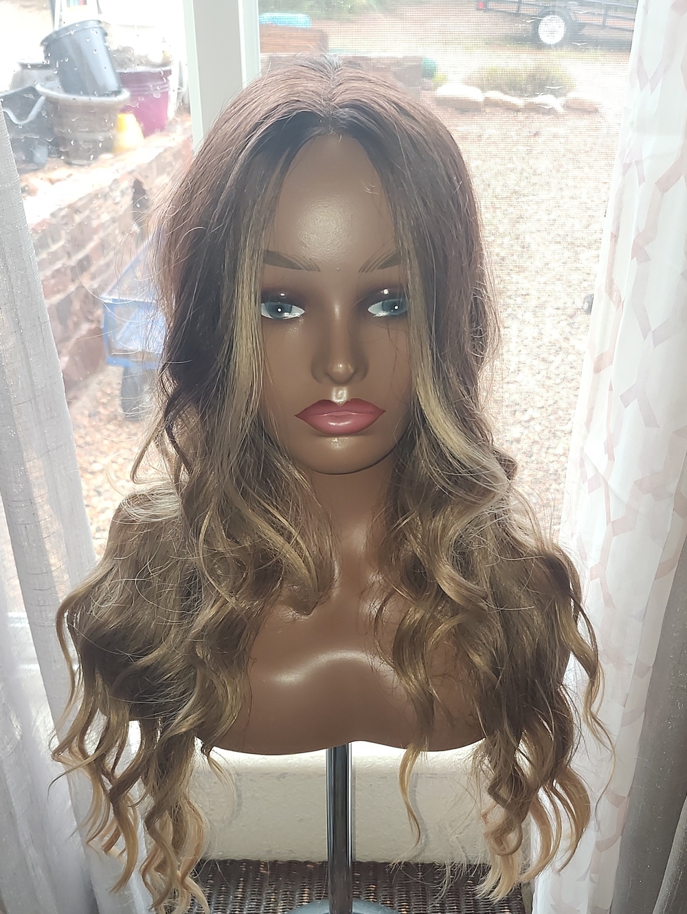 Ombre Wig Dark Roots Light Brown with Blonde Highlights